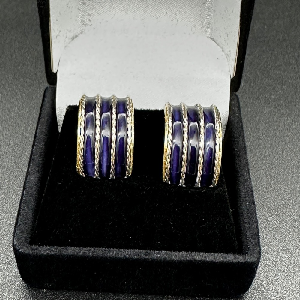 Mimi di N Ribbed Enamel Clip On Earrings Navy Blue Gold Tone Vintage OS